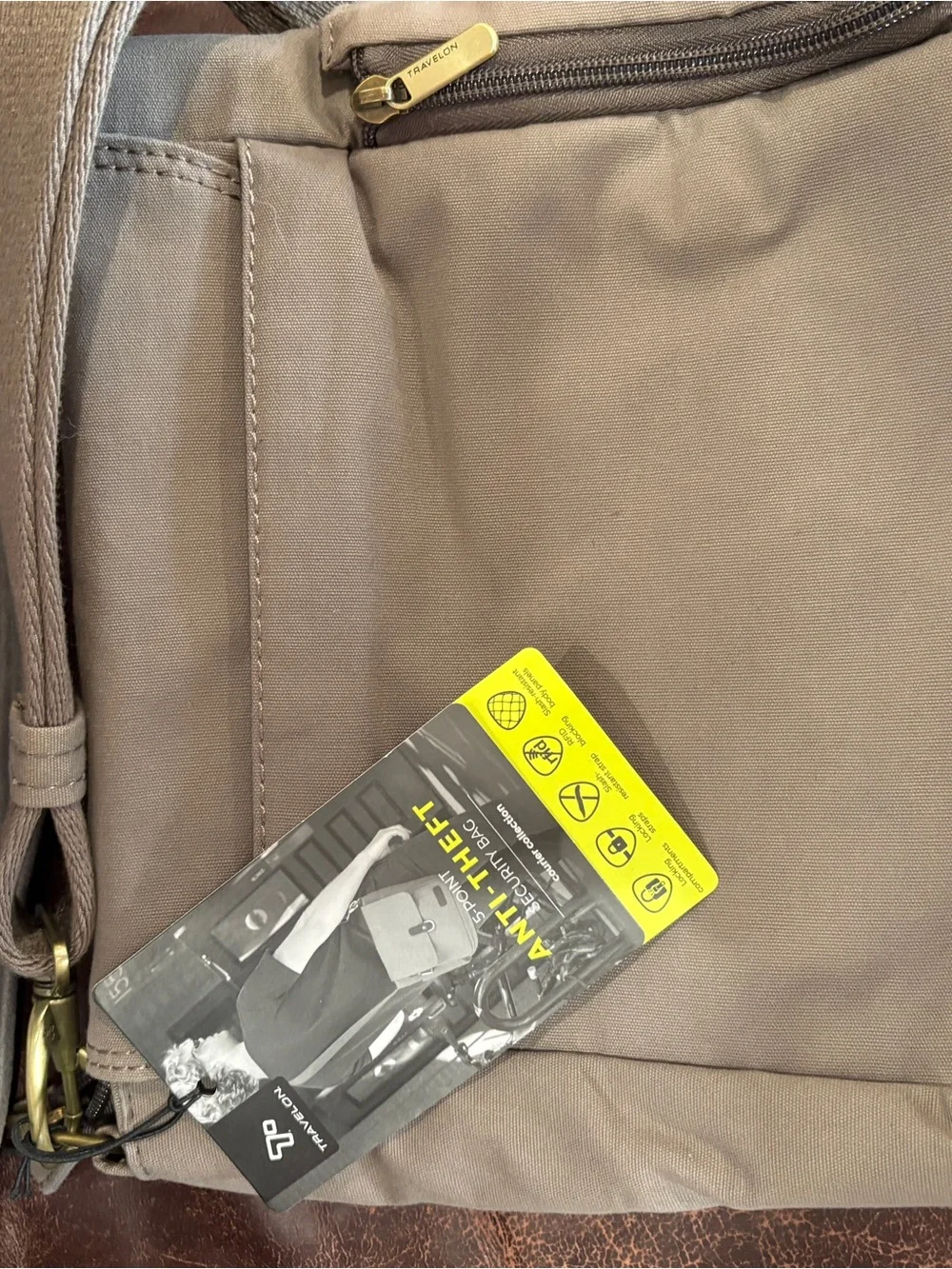 Travelon Men's Messenger Bag in Taupe with Brass Accents